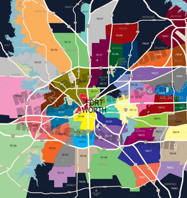 TX Ft Worth Zip Codes map colors